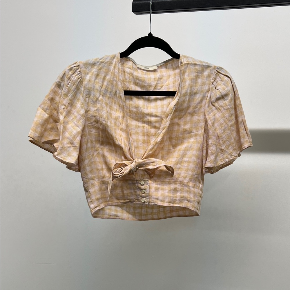 Elegant Checkered Tie-Front Blouse